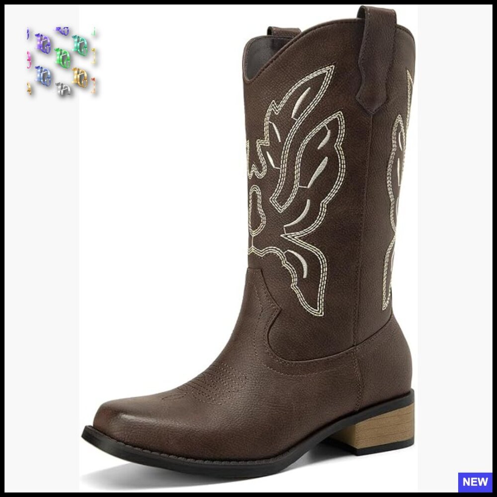 Western Cowboy Boots Mid Calf Square Toe Chunky Heel Embroidery Pull On